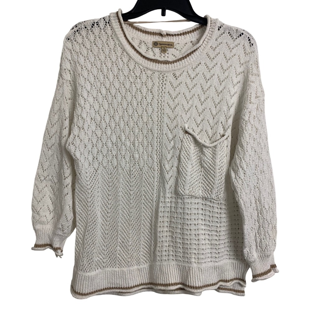 Democracy White Pointelle Knit Sweater Tan Stripe Preppy Large